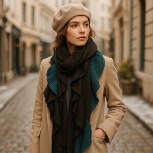 Teal & Black Ruffled Knit Artistic Scarf — Statement Layering Piece